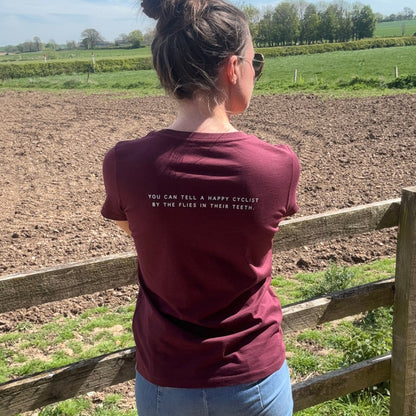 Women's "You can tell a happy cyclist by the flies in their teeth" Back print T-Shirt