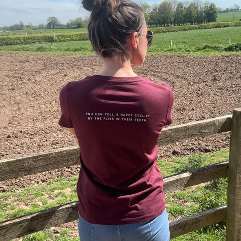 Women's "You can tell a happy cyclist by the flies in their teeth" Back print T-Shirt