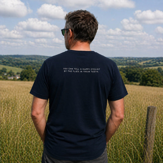 You can tell a happy cyclist, by the flies in their teeth Tee - Back print 🤣 (NEW)