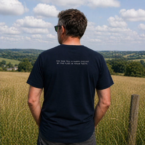 You can tell a happy cyclist, by the flies in their teeth Tee - Back print 🤣 (NEW)